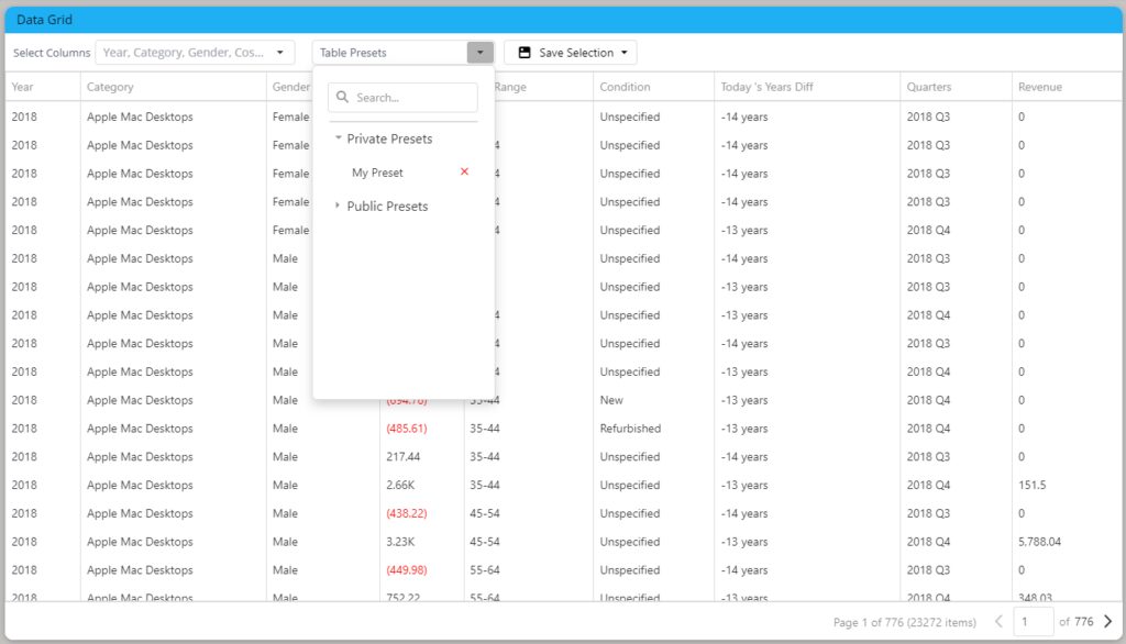 Sample table structure with preset option